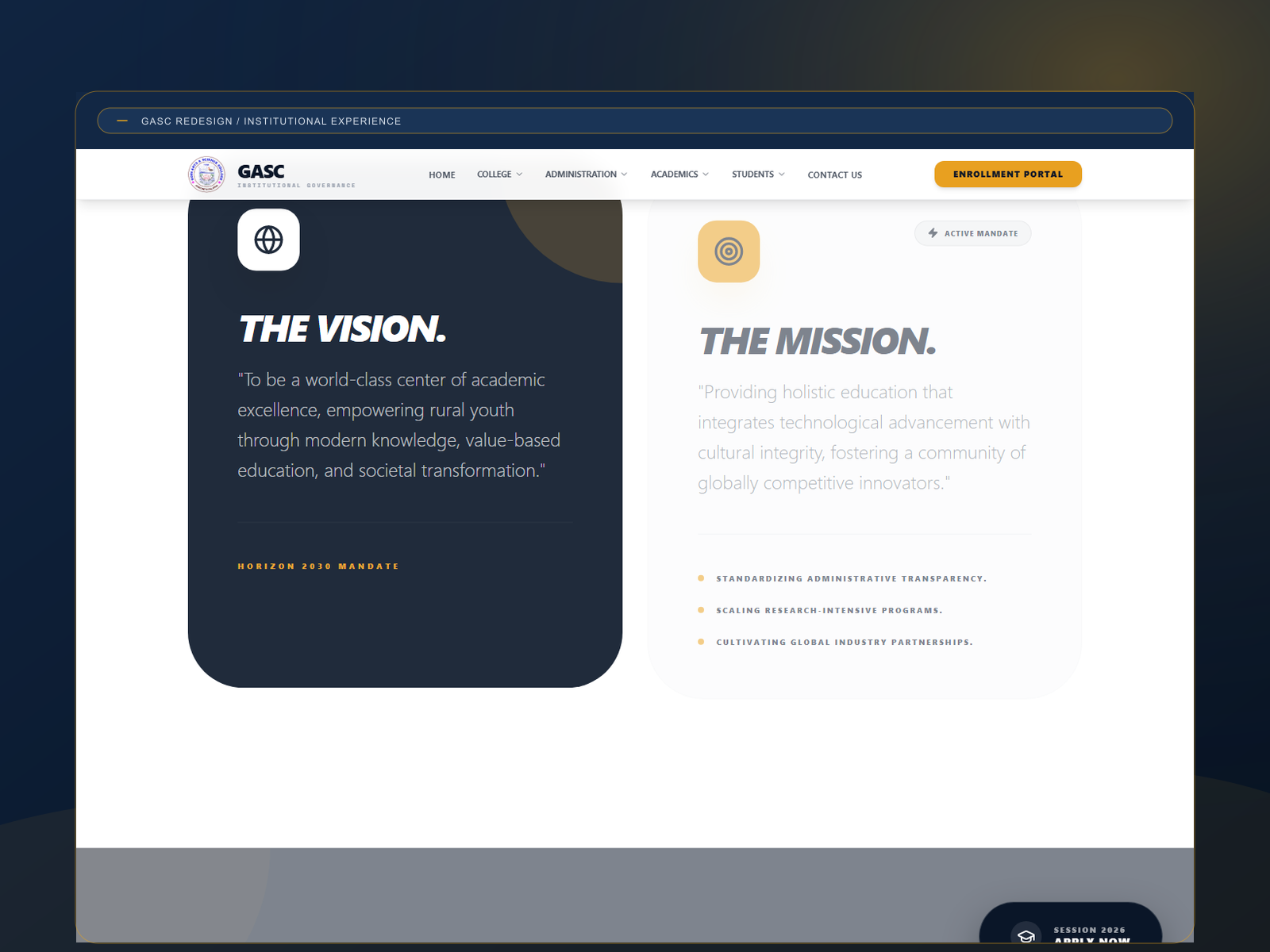 GASC institutional Vision and Mission experience in a bespoke browser mockup