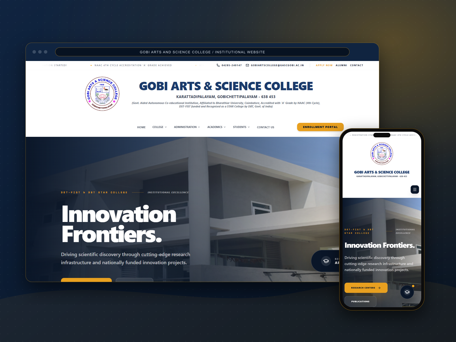 Gobi Arts and Science College website in a browser and phone mockup