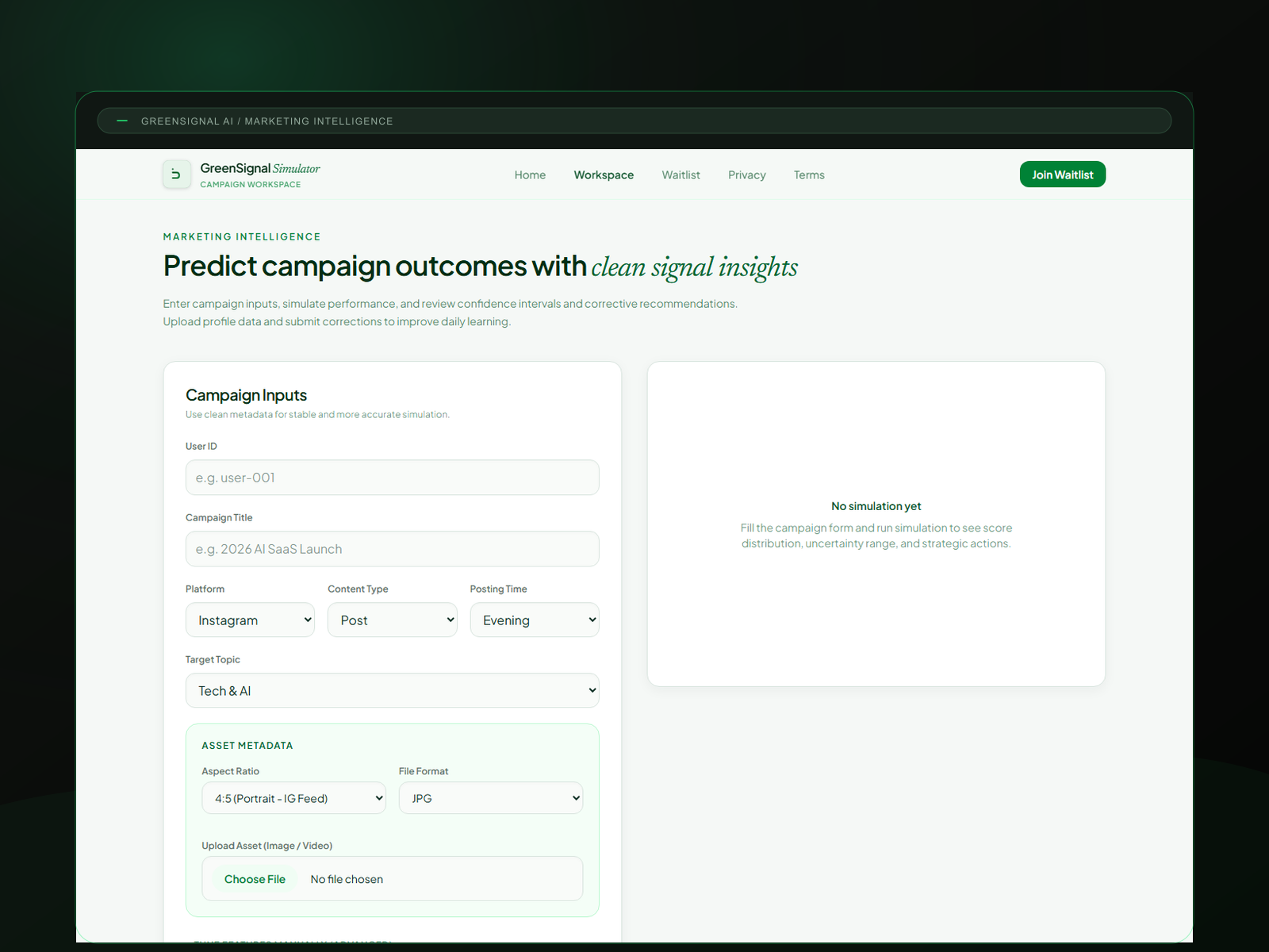 GreenSignal AI campaign workspace in a bespoke browser mockup