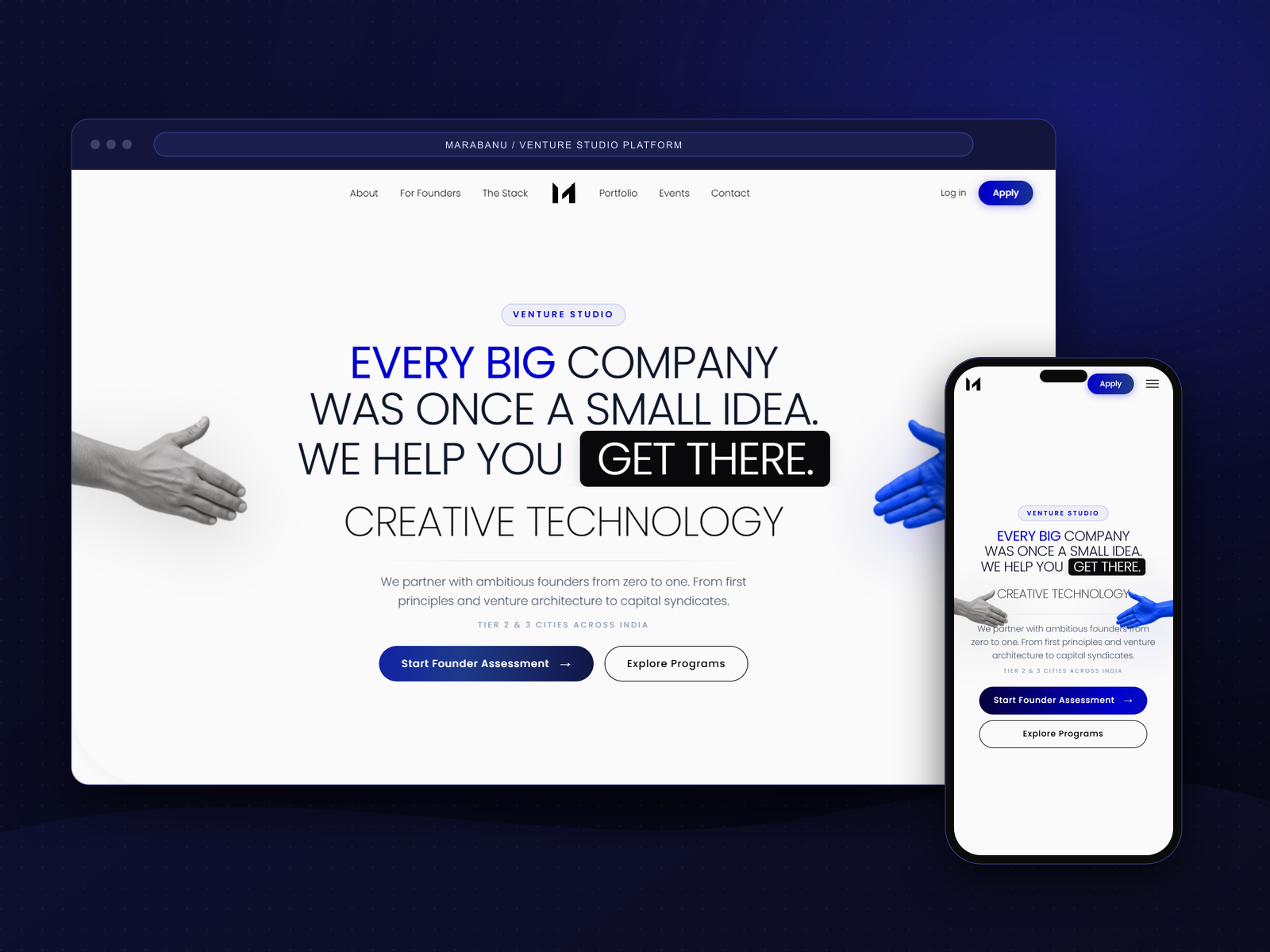Marabanu venture studio platform, final version, in a browser and phone mockup