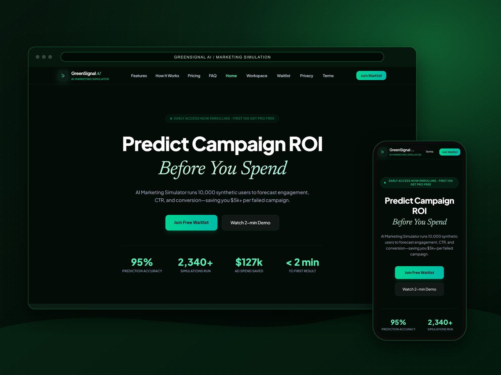 GreenSignal AI homepage in a browser and phone mockup