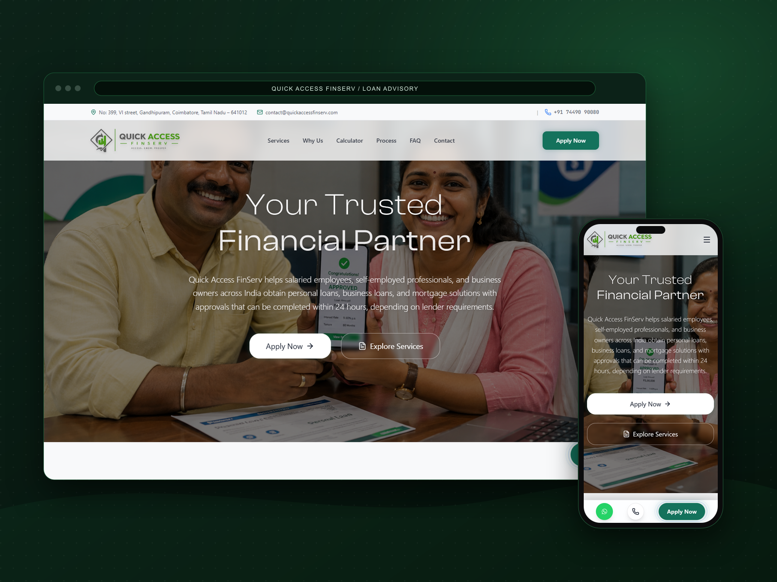 Quick Access FinServ website in a browser and phone mockup